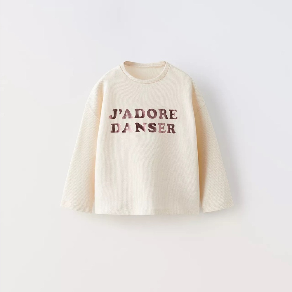 Zara Kids Cream Long Sleeve waffle knit with pink metallic j’adore danser print